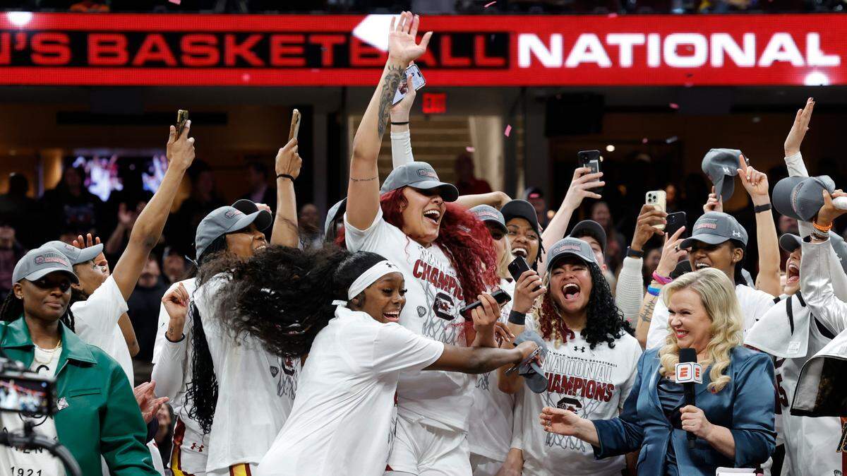 South Carolina’s Kamilla Cardoso (10) is recognized as the Most Outstanding Player as the Gamecocks celebrate winning the National Championship against Iowa at the Rocket Mortgage FieldHouse in Cleveland, Ohio for the National Championship game against Iowa on Sunday, April 7, 2024.