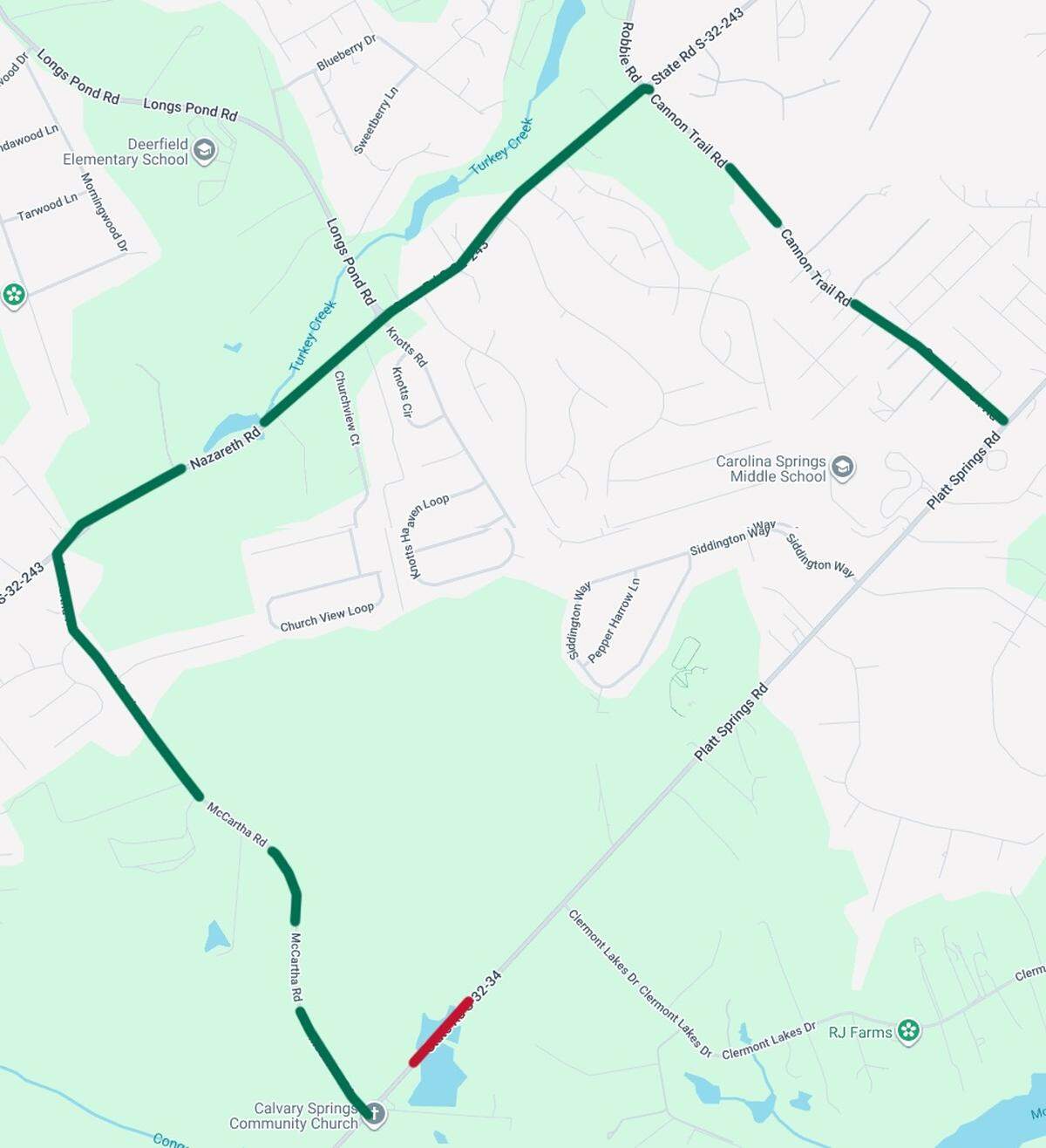 A section of Platt Springs Road in Lexington County is closed, which is shown in red. Traffic will be rerouted, which is shown in green.