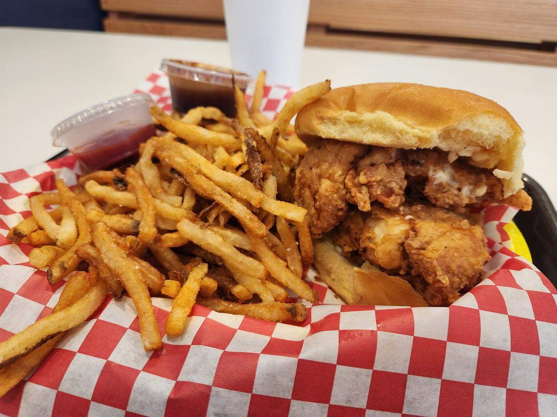 A chicken filet sandwich and fries at Drake’s Duck-In.