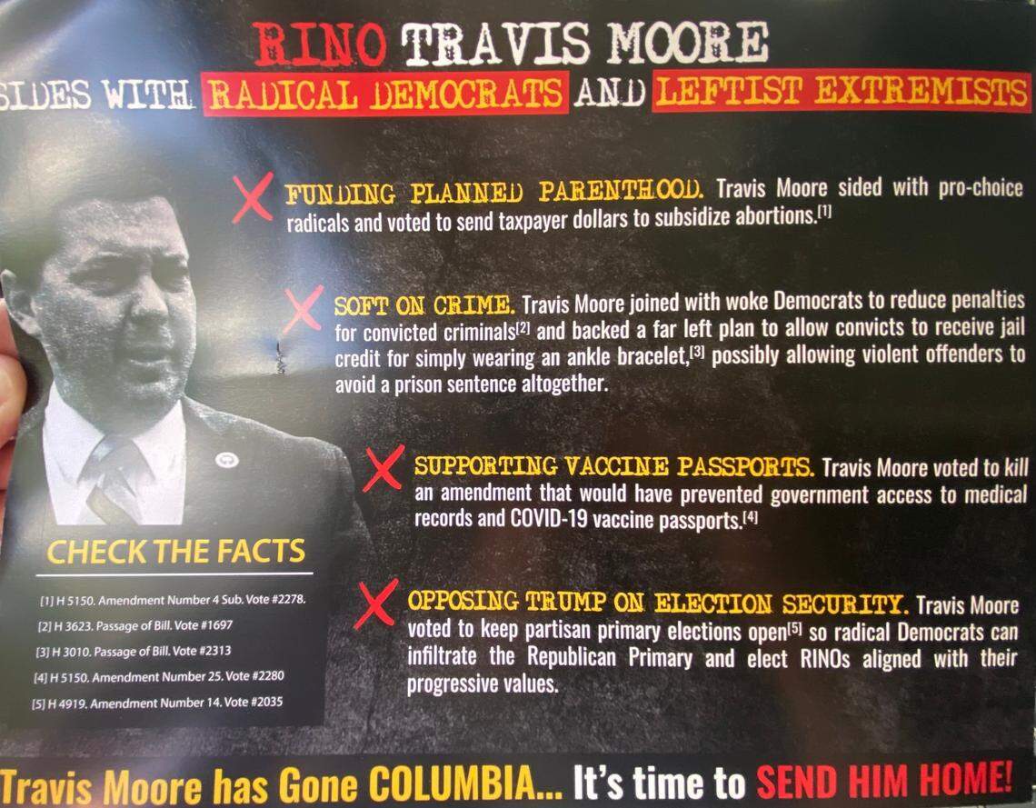 A flier sent out in Travis Moore’s district before the June primaries