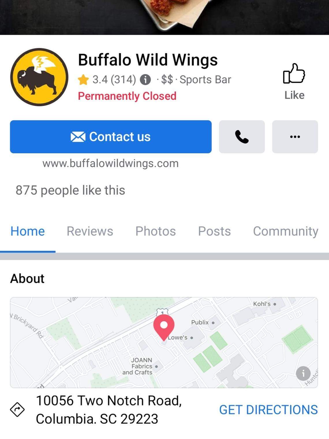 A screenshot from Buffalo Wild Wings Two Notch Road’ Facebook page lists it as “permanently closed.”
