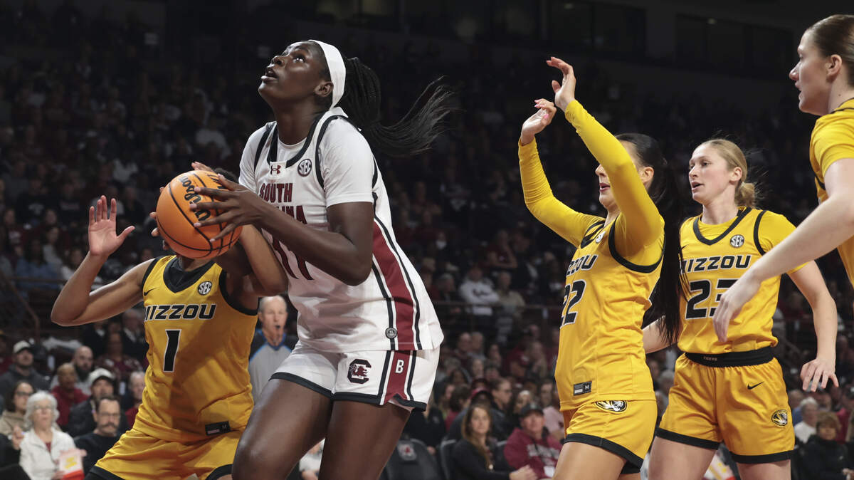 South Carolina's Madina Okot (11) shoots during the first half of action of their women's basketball game against Missouri at Colonial Life Arena on Thursday, Feb. 26, 2026.