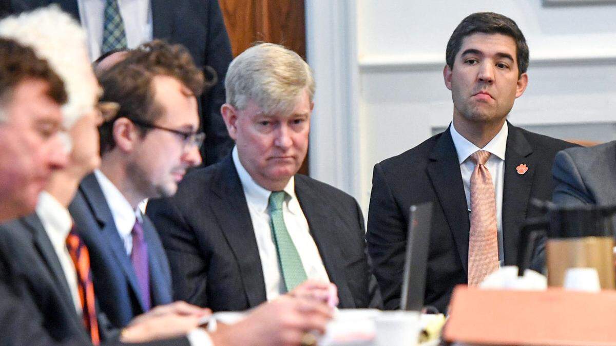 Clemson athletic director Graham Neff (far right) and lawyers representing the university during a July 2024 hearing at the Pickens County (S.C.) Courthouse