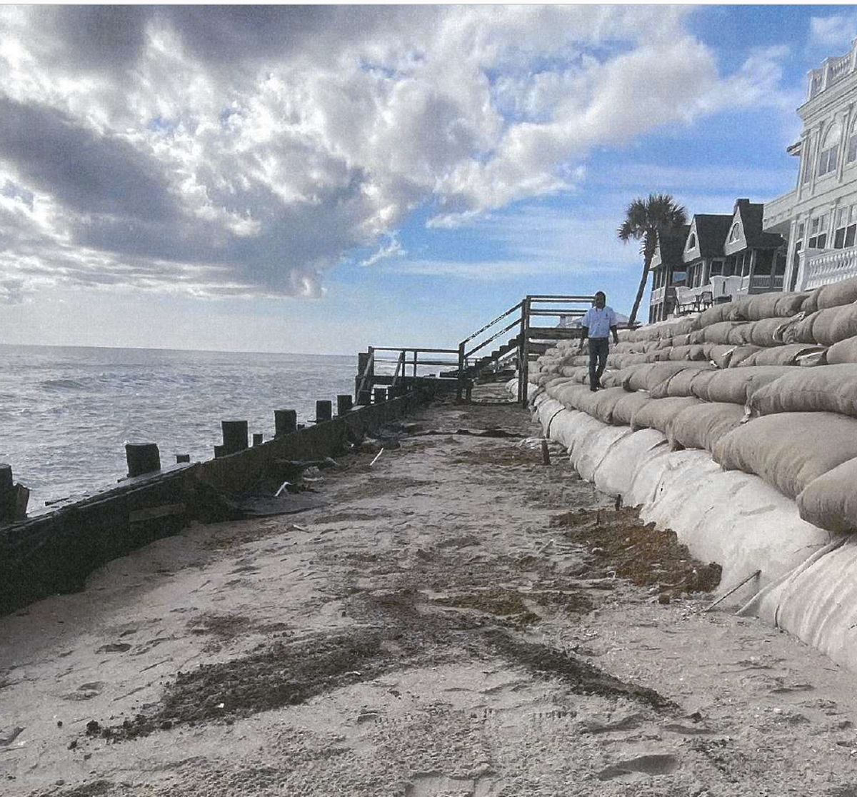 This photograph, obtained from Department of Health and Environmental Control records, shows a wall of sandbags that has been installed at Debordieu Beach to fight erosion. DHEC staff members have expressed reservations about the wall. This photo was taken in November 2021.