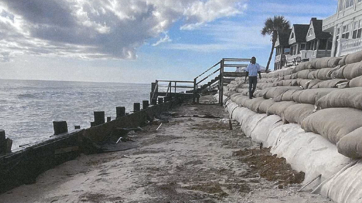 This photograph, obtained from Department of Health and Environmental Control records, shows a wall of sandbags that has been installed at Debordieu Beach to fight erosion. DHEC staff members have expressed reservations about the wall. This photo was taken in November 2021.