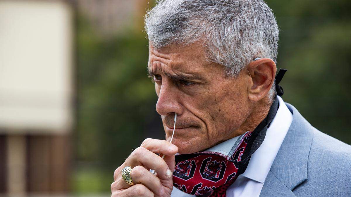 University of South Carolina president Robert Caslen takes a coronavirus test at Martin Luther King, Jr. Park in Columbia, South Carolina on Saturday, September 19, 2020. The free testing site can test 5,000 people a day according to DHEC and is offering tests to anyone, regardless of symptoms.