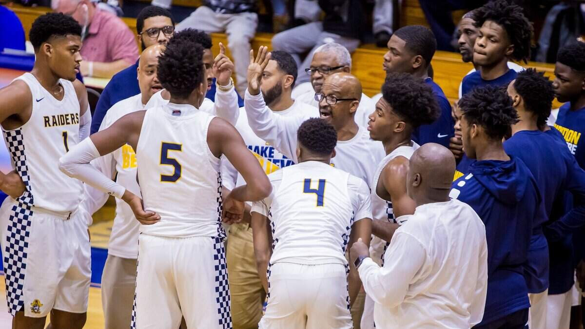 Keenan Raiders coach Zach Norris directs his team in a timeout in a game earlier this season. The Raiders hosted Southside in the third round of the Class 3A playoffs Tuesday, Feb. 19, 2019.