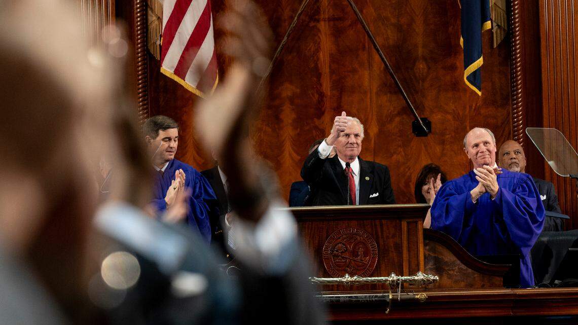 S.C. Gov. Henry McMaster and the joint assembly applaud Highway Patrol Lance Corporal B.A. Frazier who was injured in the line of duty, while delivering the State of the State address in the S.C. House Chamber on Wednesday, Jan. 24, 2024
