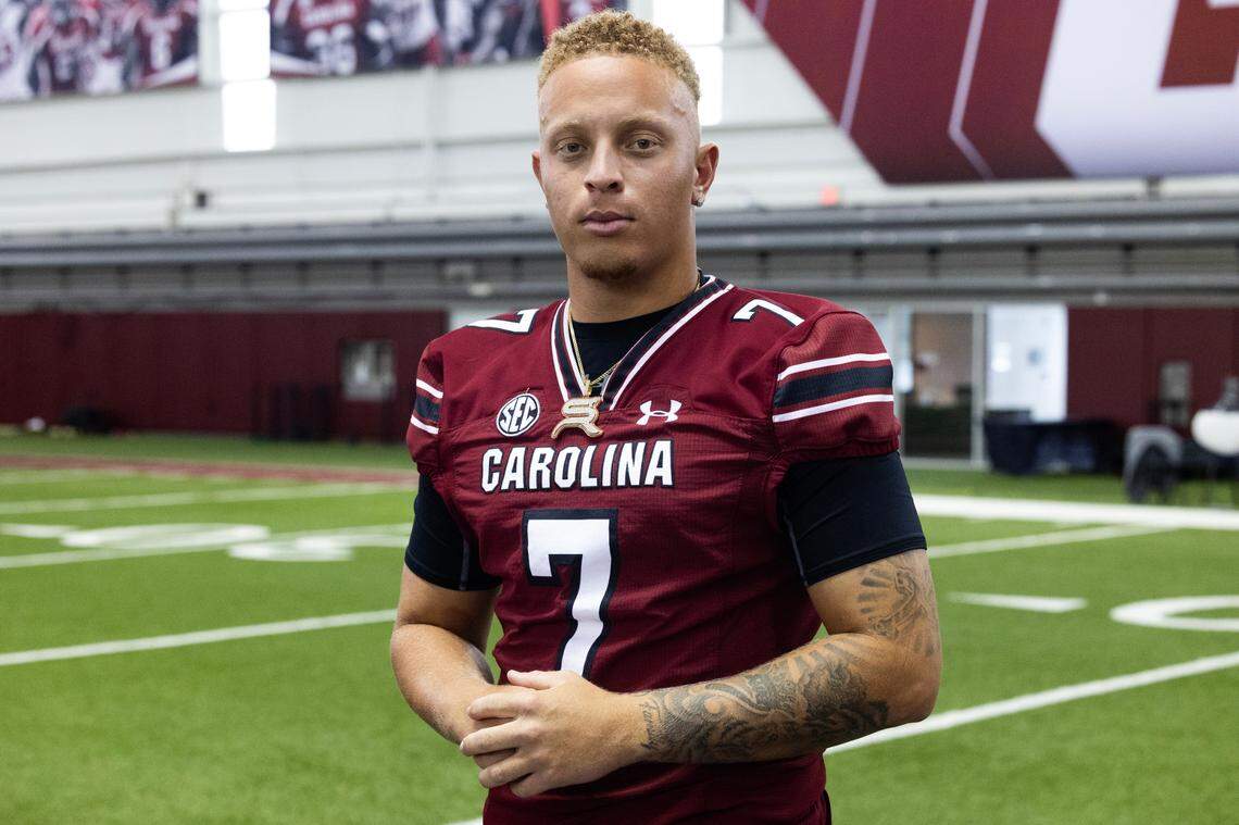 Spencer Rattler at South Carolina’s on-campus media day Aug. 3, 2023.
