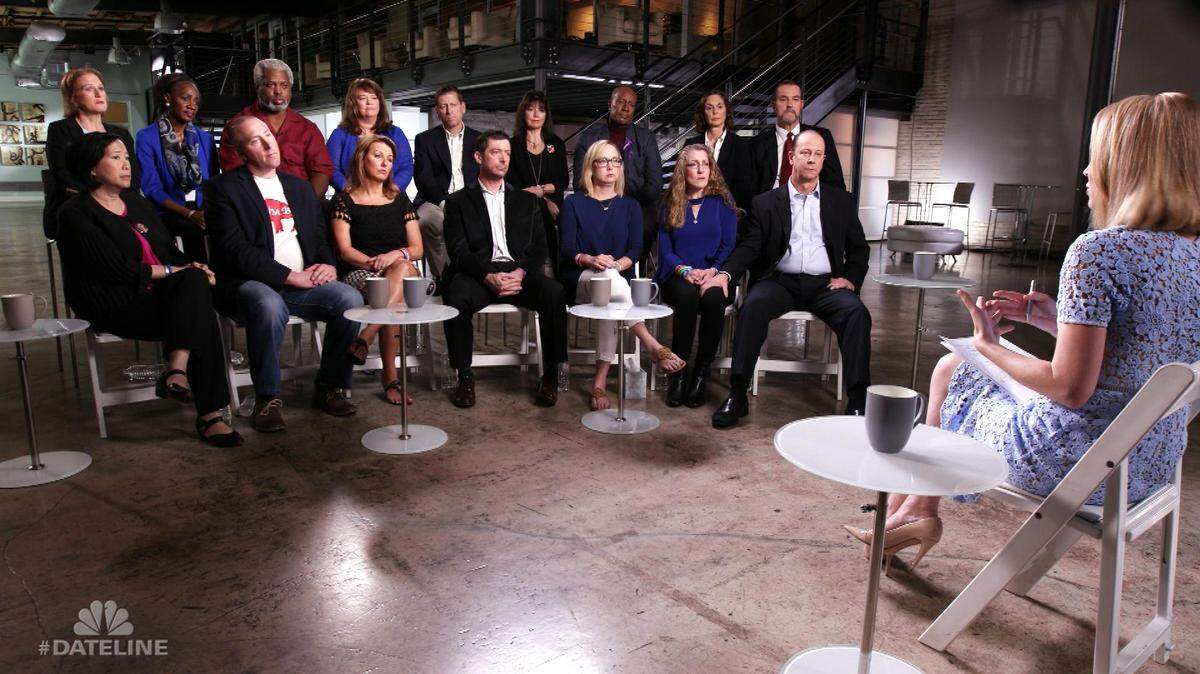 Cindy and Gary Hipps, back row, fourth and fifth from left, appear on "Dateline" to discuss college hazing, which they believe was the reason behind the death of their son, Tucker Hipps, a former Clemson University student.