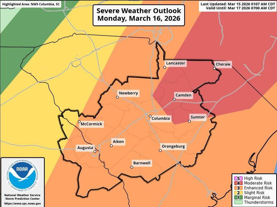 A look at the severe weather forecast for the Midlands of South Carolina on Monday.