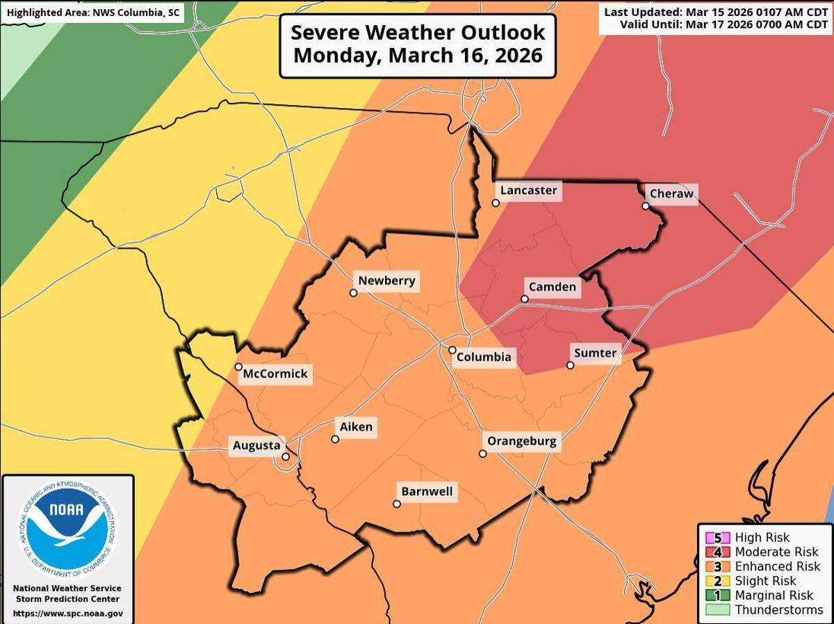A look at the severe weather forecast for the Midlands of South Carolina on Monday.