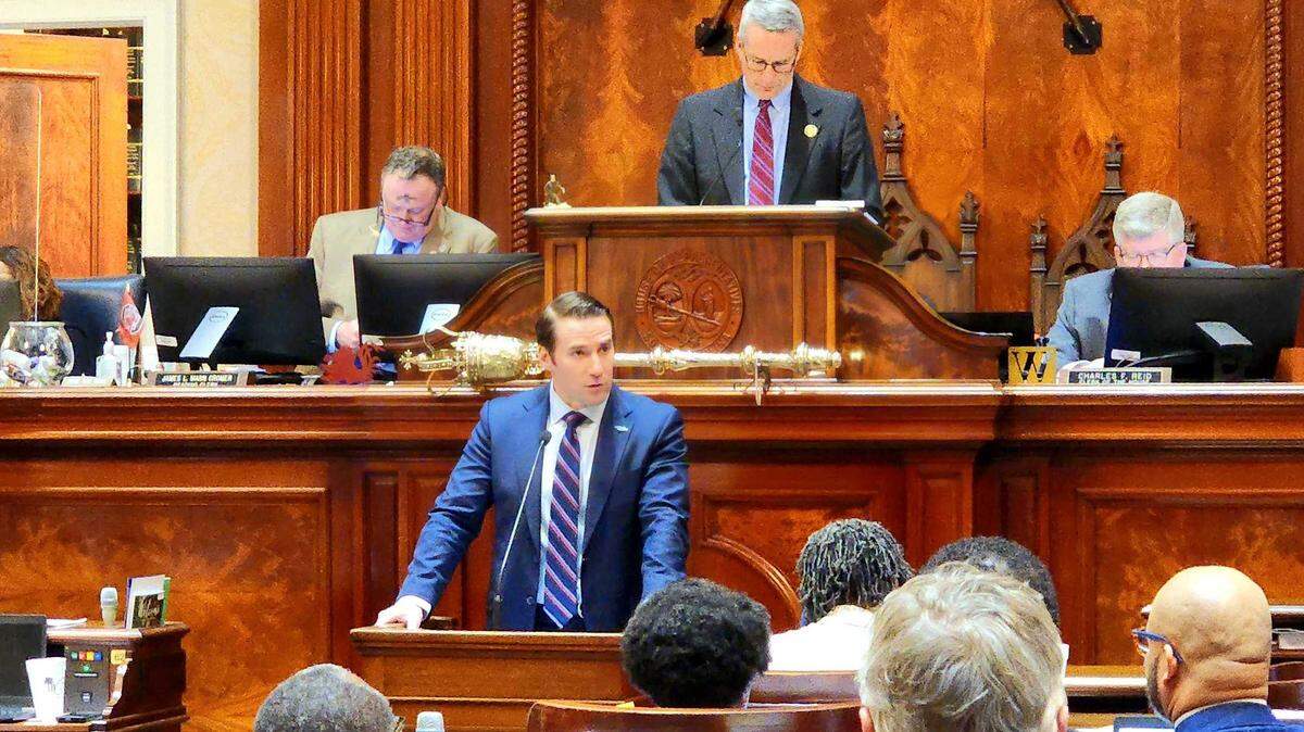 As sponsor of H.3594, state Rep. Bobby Cox, R-Greenville, speaks to his colleagues about the merits of the bill on Wed., Feb. 22, 2023.