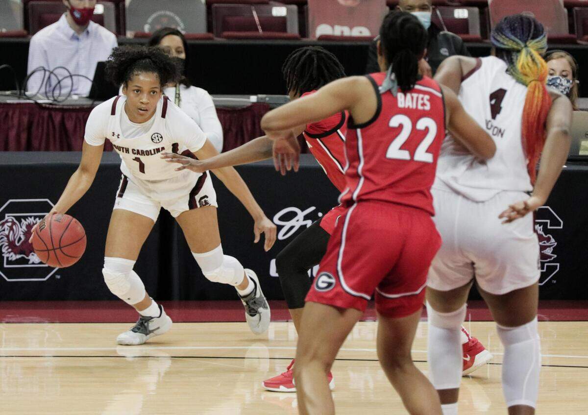 South Carolina Gamecocks guard Zia Cooke (1) dodges guards at Colonial Life Arena on Thursday, January 21, 2021.