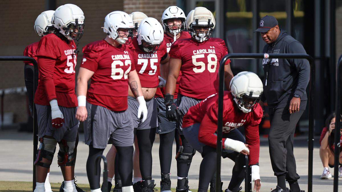 South Carolina's offensive line during a 2026 spring football practice.