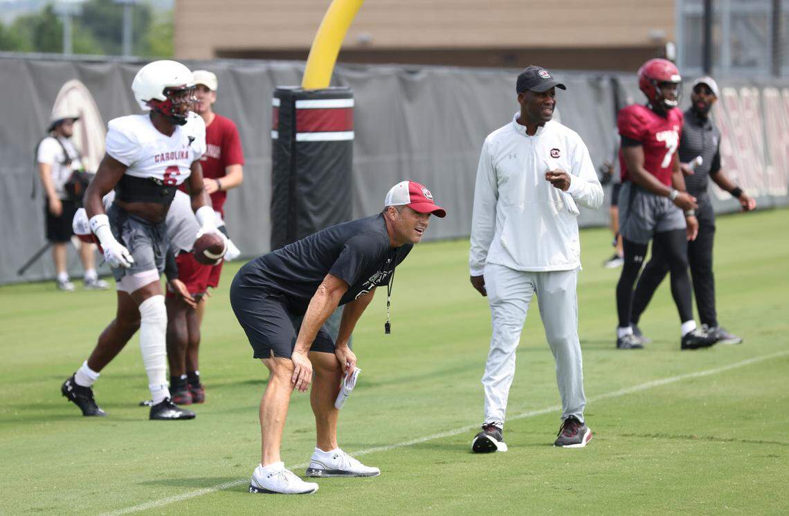 South Carolina head coach Shane Beamer looks on during practice in Columbia on Sunday, August 11, 2024.
