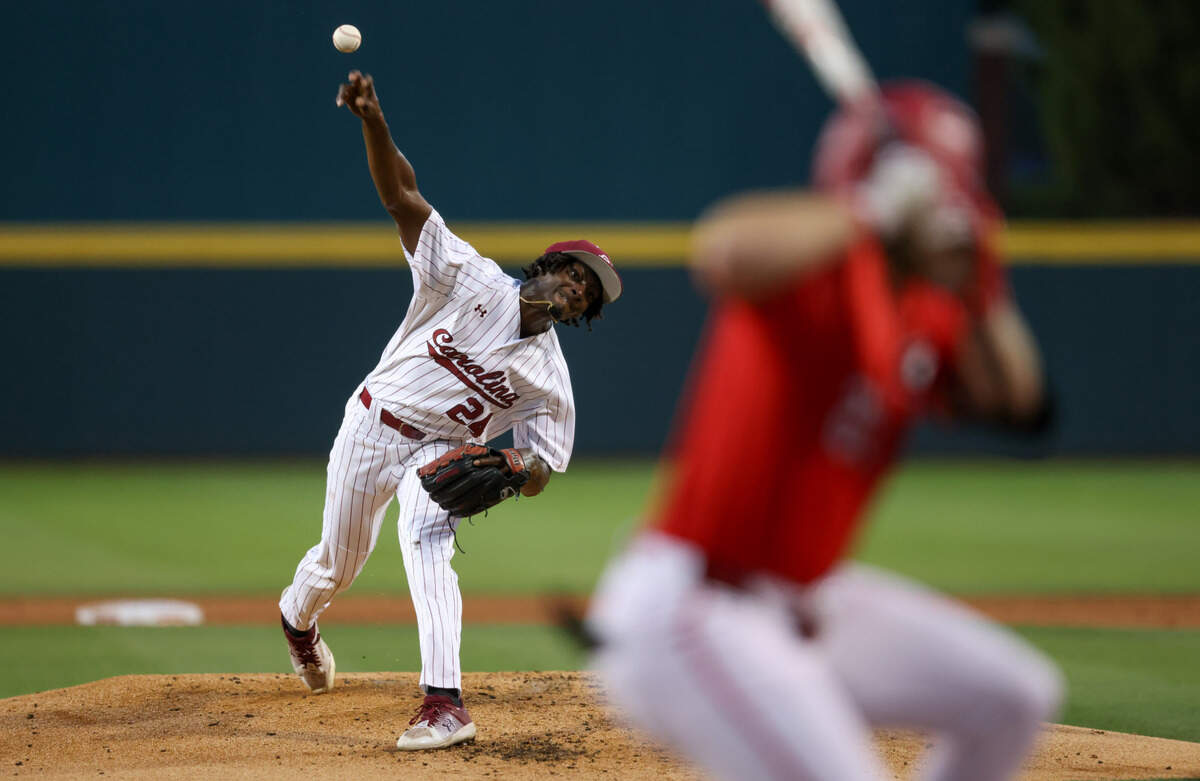 South Carolina pitcher Ty Good (24) pitches during the Gamecocks’ game against Georgia at Founders Park in Columbia on Thursday, May 9, 2024.