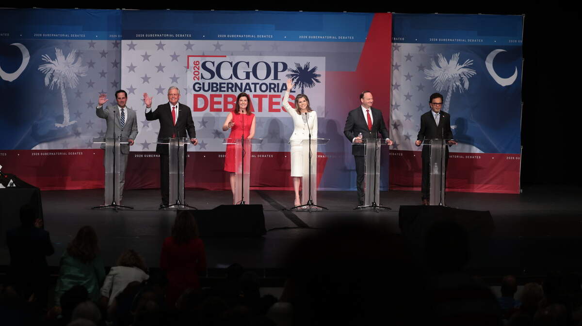 GOP candidates for South Carolina Governor including, State Sen. Josh Kimbrell, Congressman Ralph Norman, Lt. Gov. Pamela Evette, Sen. Nancy Mace, Attorney General Alan Wilson and businessman Rom Reddy, participated in a televised debate at the Sottile Theater in Charleston on Tuesday, April 21, 2026.
