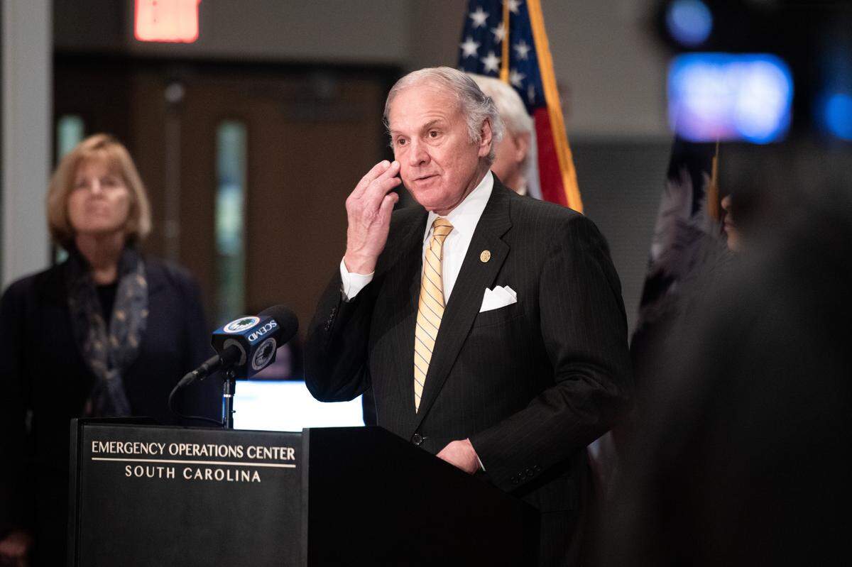 South Carolina Gov. Henry McMaster gives a media briefing at the S.C. Emergency Operations Center Monday, March 23, 2020, in West Columbia, S.C.