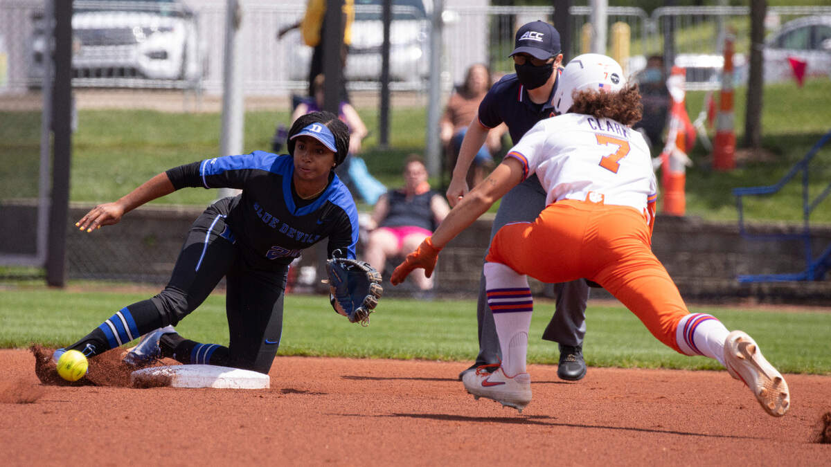 Clemson outfielder McKenzie Clark steals a base Saturday in the Tigers’ game against Duke.