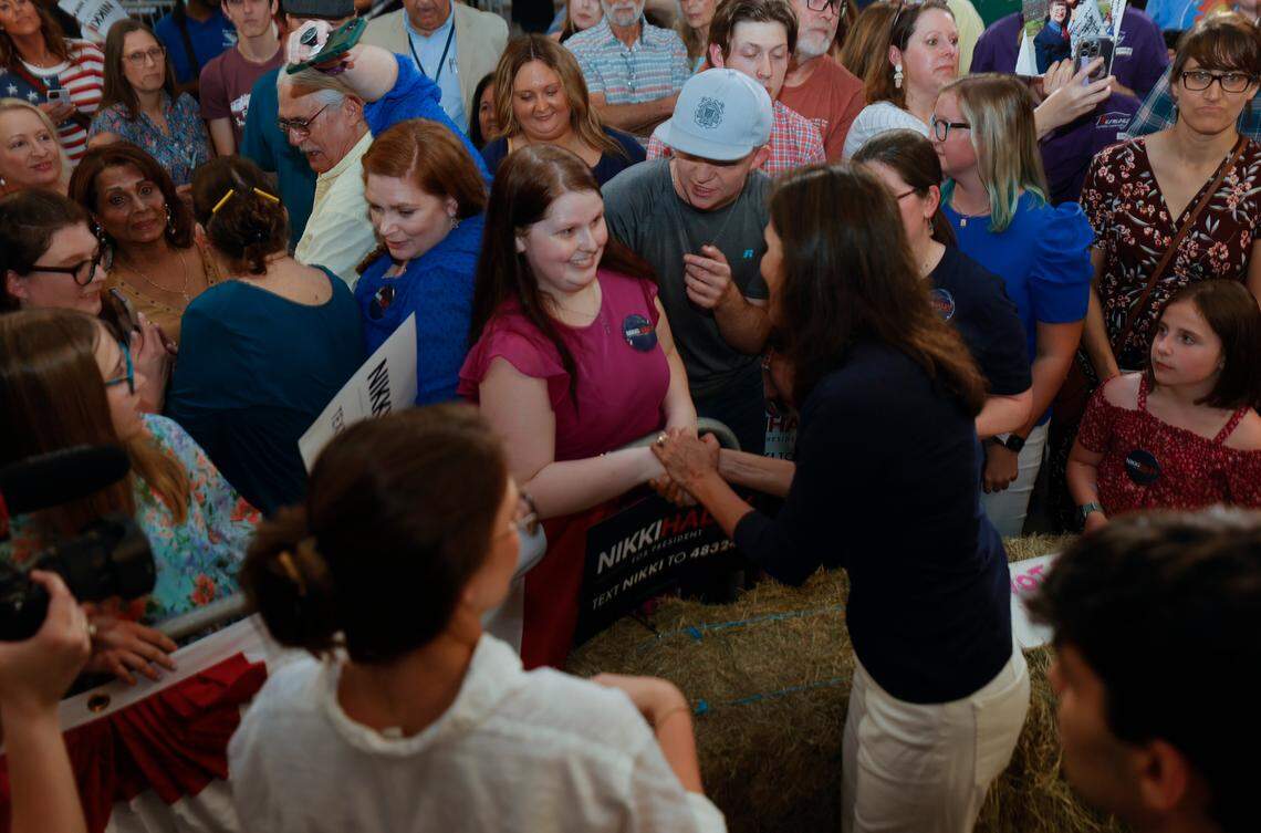 Faith Whisinan is awestruck as she meets Nikki Haley after a campaign rally in Lexington Count on Thursday, April 06, 2023.. Whisinan first met Haley when she was in the fourth grade and then Gov. Haley came to Ballentine Elementary school. “I’m so inspired by her. I’m inspired because she’s a woman and I’m inspired because she’s a republican woman.”