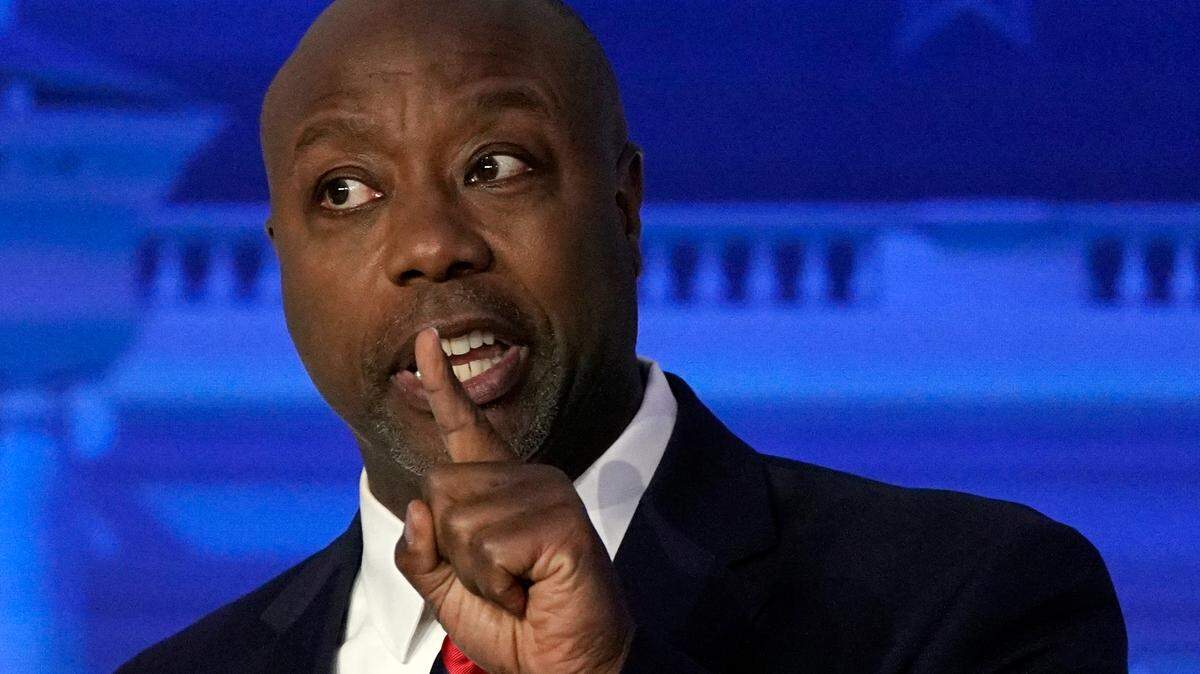 Sen. Tim Scott, R-S.C., speaks during a Republican presidential primary debate hosted by FOX Business Network and Univision, Wednesday, Sept. 27, 2023, at the Ronald Reagan Presidential Library in Simi Valley, Calif. (AP Photo/Mark J. Terrill)