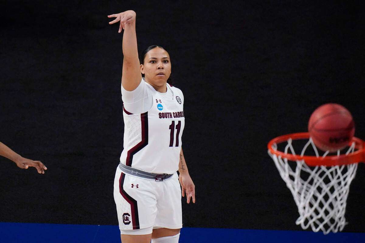 South Carolina guard Destiny Littleton (11) scores against Georgia Tech during the first half of a college basketball game in the Sweet Sixteen round of the women’s NCAA tournament at the Alamodome in San Antonio, Sunday, March 28, 2021.