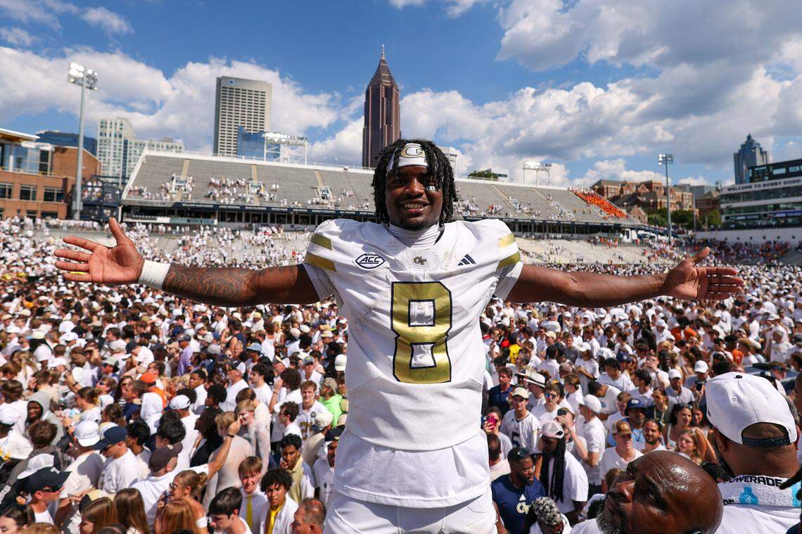 Georgia Tech Yellow Jackets wide receiver Malik Rutherford (8) celebrates after a victory over the Clemson Tigers at Bobby Dodd Stadium at Hyundai Field.