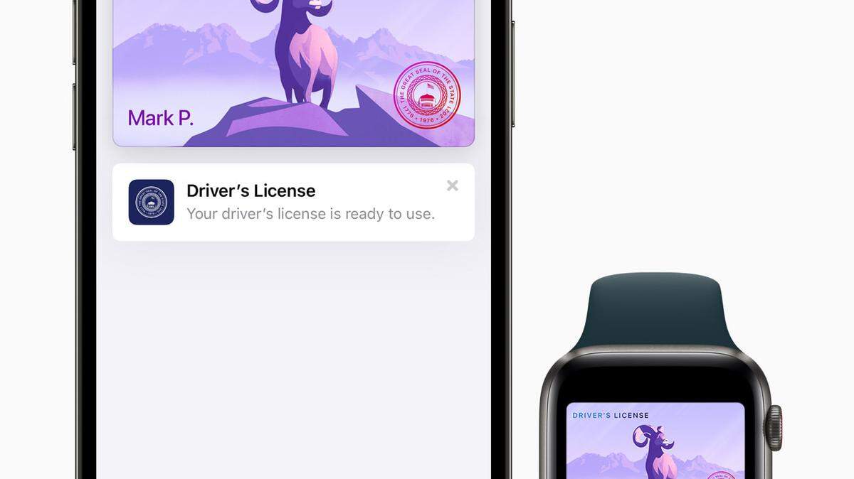An image of a digital driver’s license on an iPhone and Apple Watch.