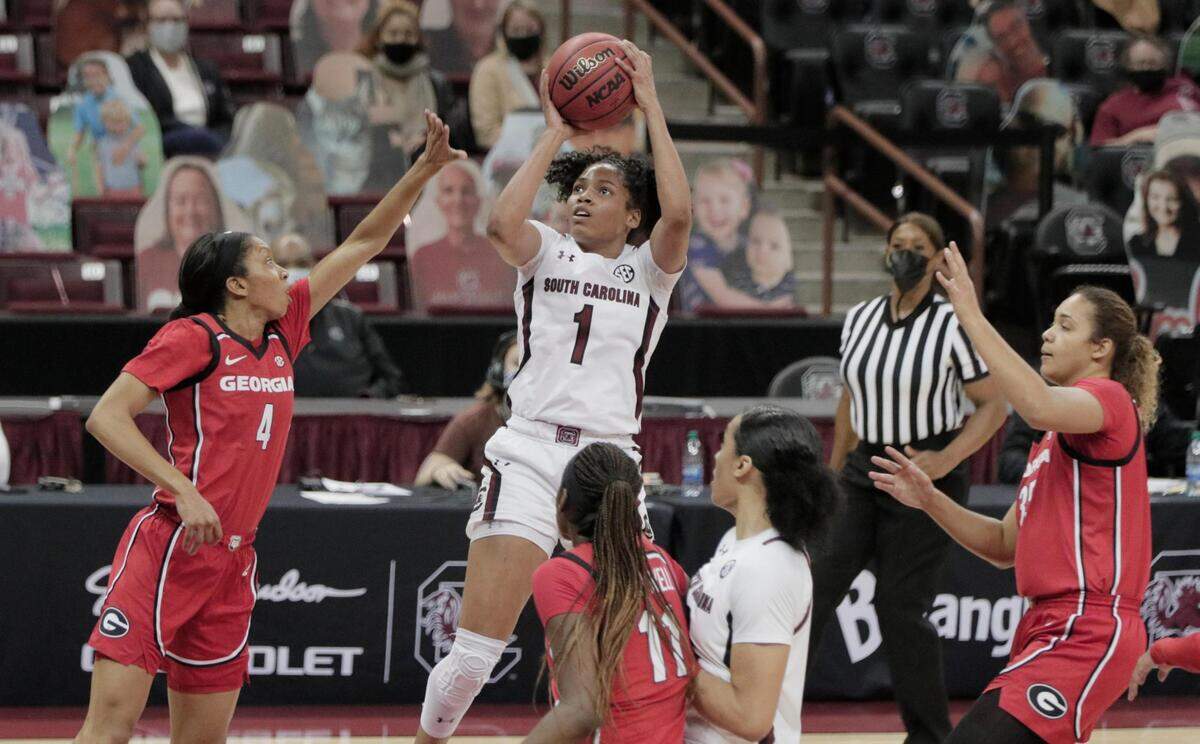 South Carolina Gamecocks guard Zia Cooke (1) jumps to shoot against the University of Georgia at Colonial Life Arena on Thursday, January 21, 2021.