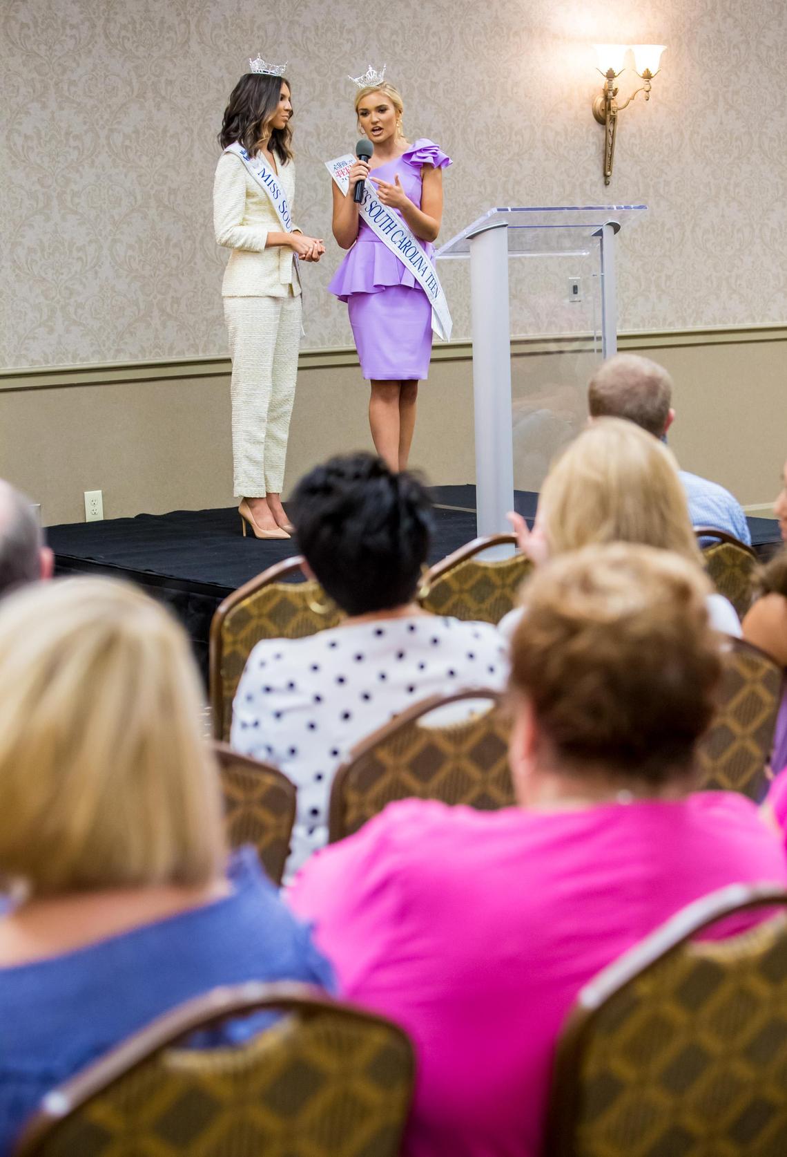 2018 Miss South Carolina Davia Bunch, left, and 2018 Miss South Carolina Teen Berkley Bryant answer questions during a press conference at the Columbia Hilton.