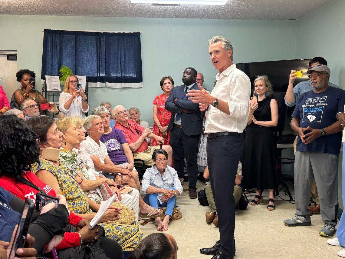 California Gov. Gavin Newsom speaks at the Kershaw County Council on Aging Office in Camden, S.C. on Tuesday, July 8, 2025 as part of a two-day tour around the state with leadership of the South Carolina Democratic Party, amid speculation he will seek the Democratic nomination for president in 2028.