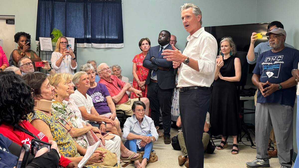 California Gov. Gavin Newsom speaks at the Kershaw County Council on Aging Office in Camden, S.C. on Tuesday, July 8, 2025 as part of a two-day tour around the state with leadership of the South Carolina Democratic Party, amid speculation he will seek the Democratic nomination for president in 2028.