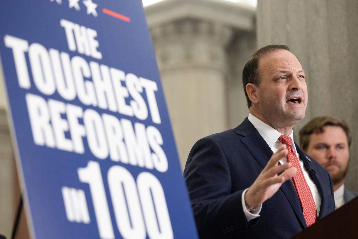 South Carolina Attorney General Alan Wilson speaks to reporters about proposals he would like legislative branch to make law this session in the State House on Thursday, October 30, 2025.