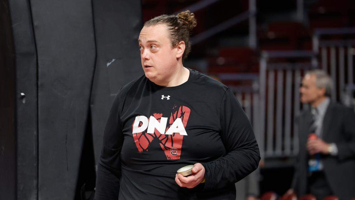 South Carolina trainer Craig Oates attends practice before the NCAA Tournament at Colonial Life Arena on Thursday, March 16, 2023.