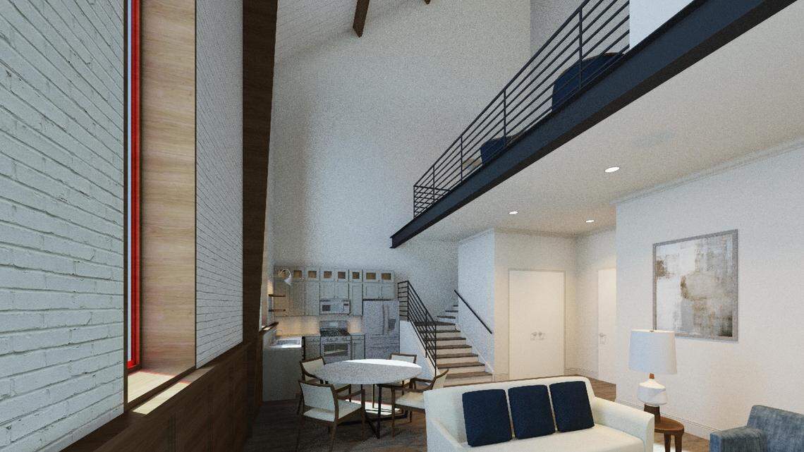 This rendering shows what a one bedroom apartment in the former sanctuary building of Rosewood Baptist Church at 2901 Rosewood Drive will look like.