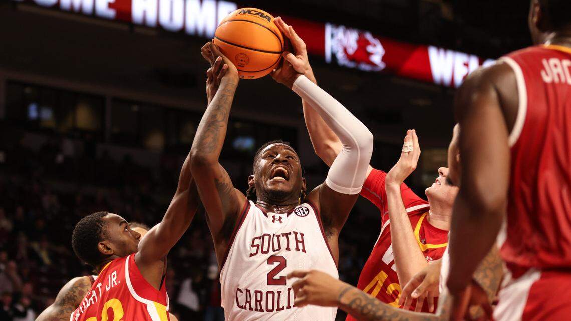 South Carolina forward B.J. Mack (2) pulls down a rebound during the first half of the Gamecocks’ game against the visiting Keydets at Colonial Life Arena on Monday, November 13, 2023.
