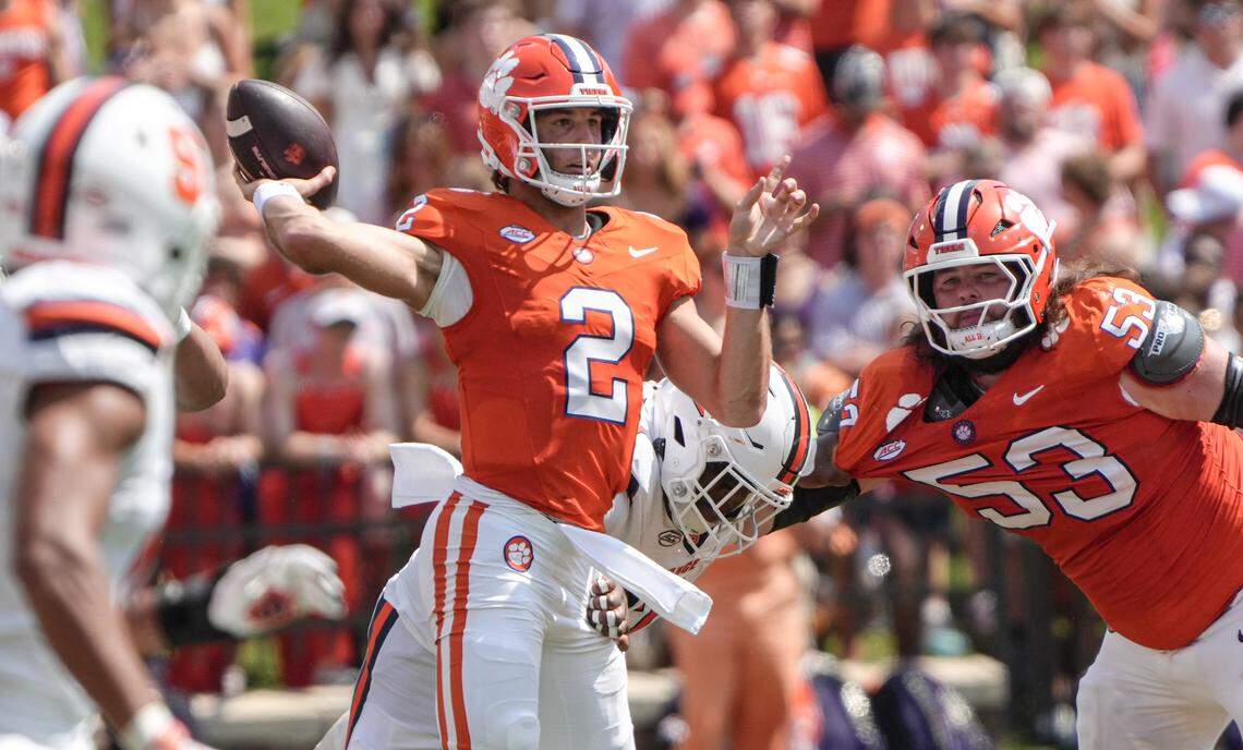 Sep 20, 2025; Clemson, South Carolina, USA; Clemson Tigers quarterback Cade Klubnik (2) passes against the Syracuse Orange during the second quarter at Memorial Stadium.