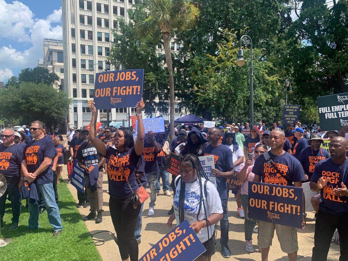 Members of the International Longshoremen’s Association rally outside of the South Carolina State House on Wednesday, July 12, 2023.