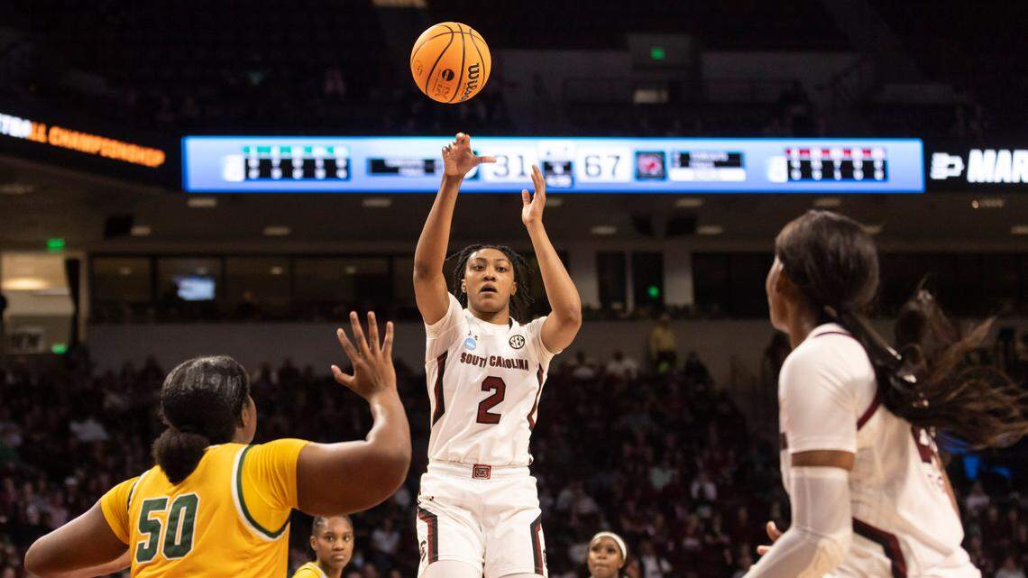 South Carolina Gamecocks forward Ashlyn Watkins (2) makes a pass during the first round of the 2023 NCAA Tournament at Colonial Life Arena in Columbia on Friday, March 17, 2023.
