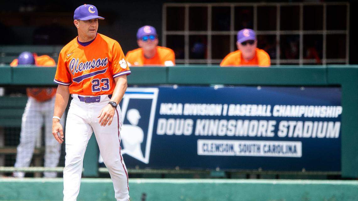 Clemson’s head coach Erik Bakich during a NCAA baseball regional game between Clemson and Charlotte held at Doug Kingsmore Stadium in Clemson, S.C., on Sunday, June 4, 2023.