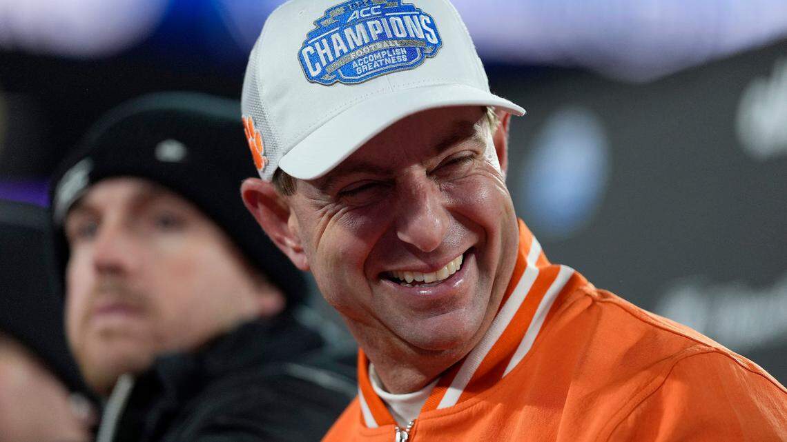 Dec 7, 2024; Charlotte, NC, USA; Clemson Tigers head coach Dabo Swinney celebrates after winning the 2024 ACC Championship game against the Southern Methodist Mustangs at Bank of America Stadium.