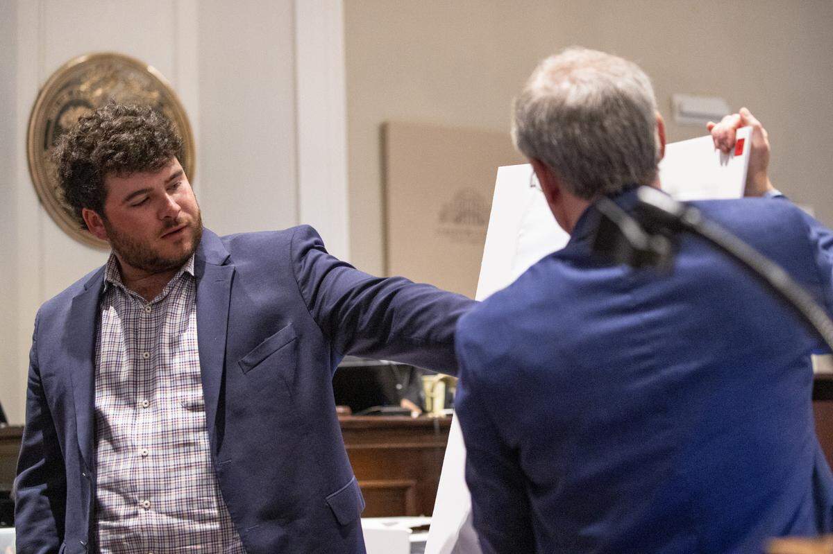 Will Loving, a family friend of the Murdaughs, points out on a map of the Moselle property while questioned by prosecutor Creighton Waters in the double murder trial of Alex Murdaugh at the Colleton County Courthouse in Walterboro, Wednesday, Feb. 1, 2023. Andrew J. Whitaker/The Post and Courier/Pool