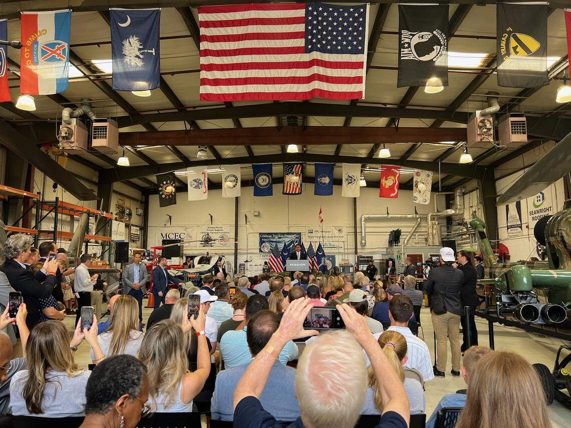 Ron DeSantis speaks to a crowd of campaign supporters at the Celebrate Freedom Foundation Hangar at the Columbia Metropolitan Airport on Tuesday, July 18, 2023.