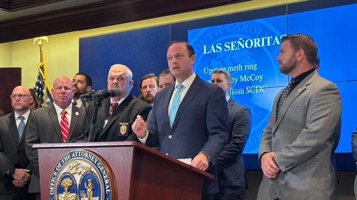 South Carolina Attorney General Alan Wilson discusses the need for a law change that would allow state prisons to jam cell phones during a press conference on July 9, 2025.