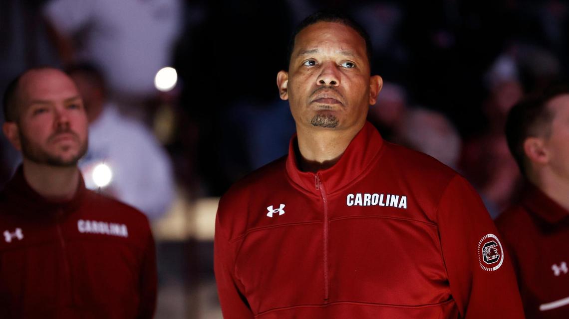 South Carolina Gamecocks head coach Lamont Paris looks at the audience before his team plays Texas A&M at Colonial Life Arena on Saturday, January 14, 2023.