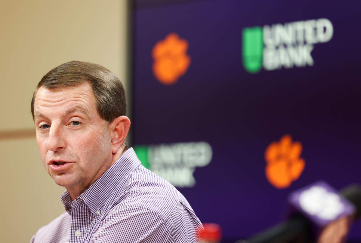 Clemson head coach Dabo Swinney speaks during a press conference in Clemson on Friday, January 23, 2026.