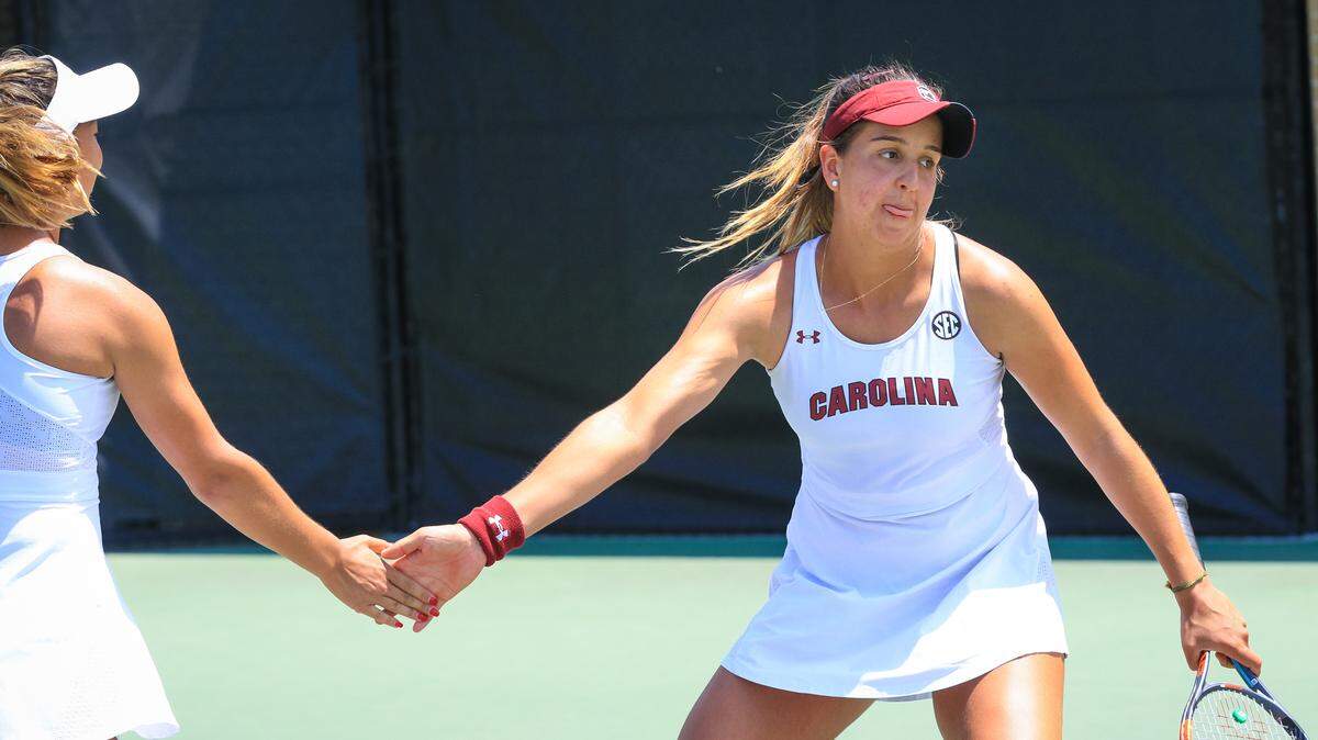South Carlina’s Ingrid Gamara Martins and Mia Horvit combined for a win in the doubles match during the first round of the NCAA Regionals women’s tennis tournament in Columbia, SC.