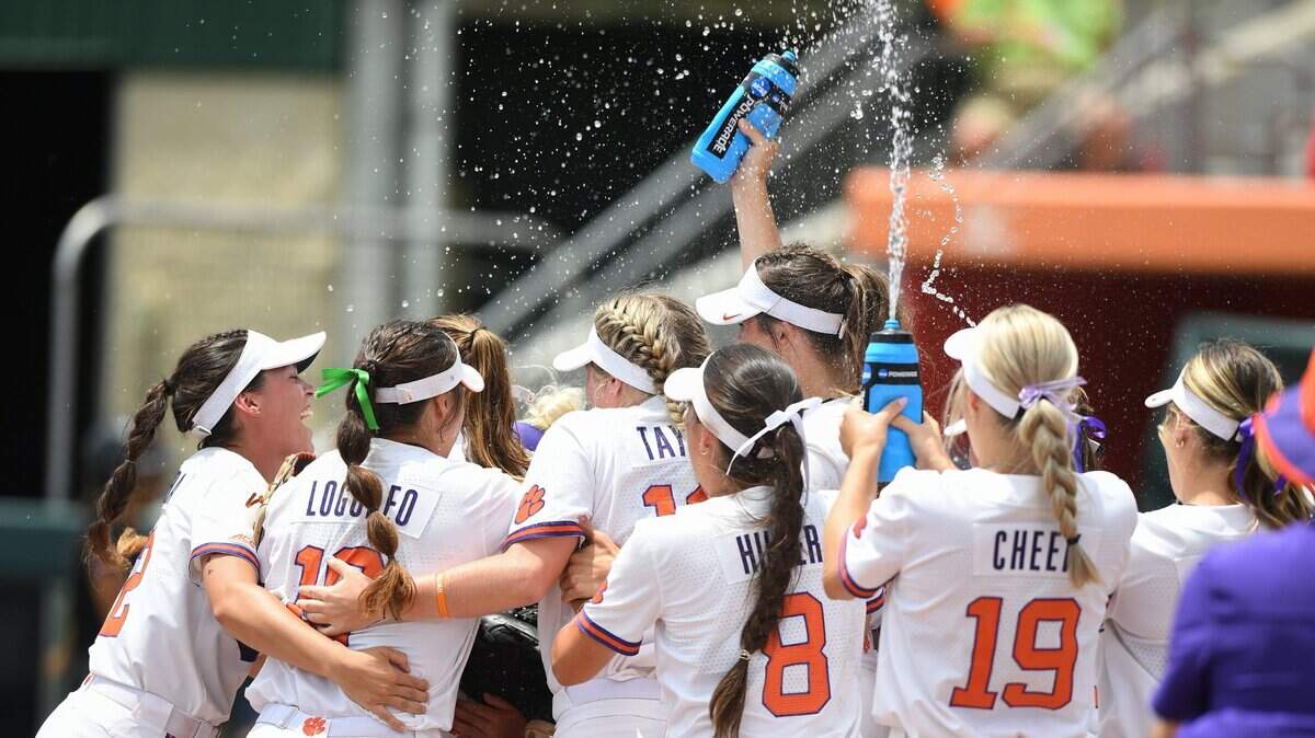 Clemson celebrates their win over Louisiana in the Clemson Regional on Sunday.