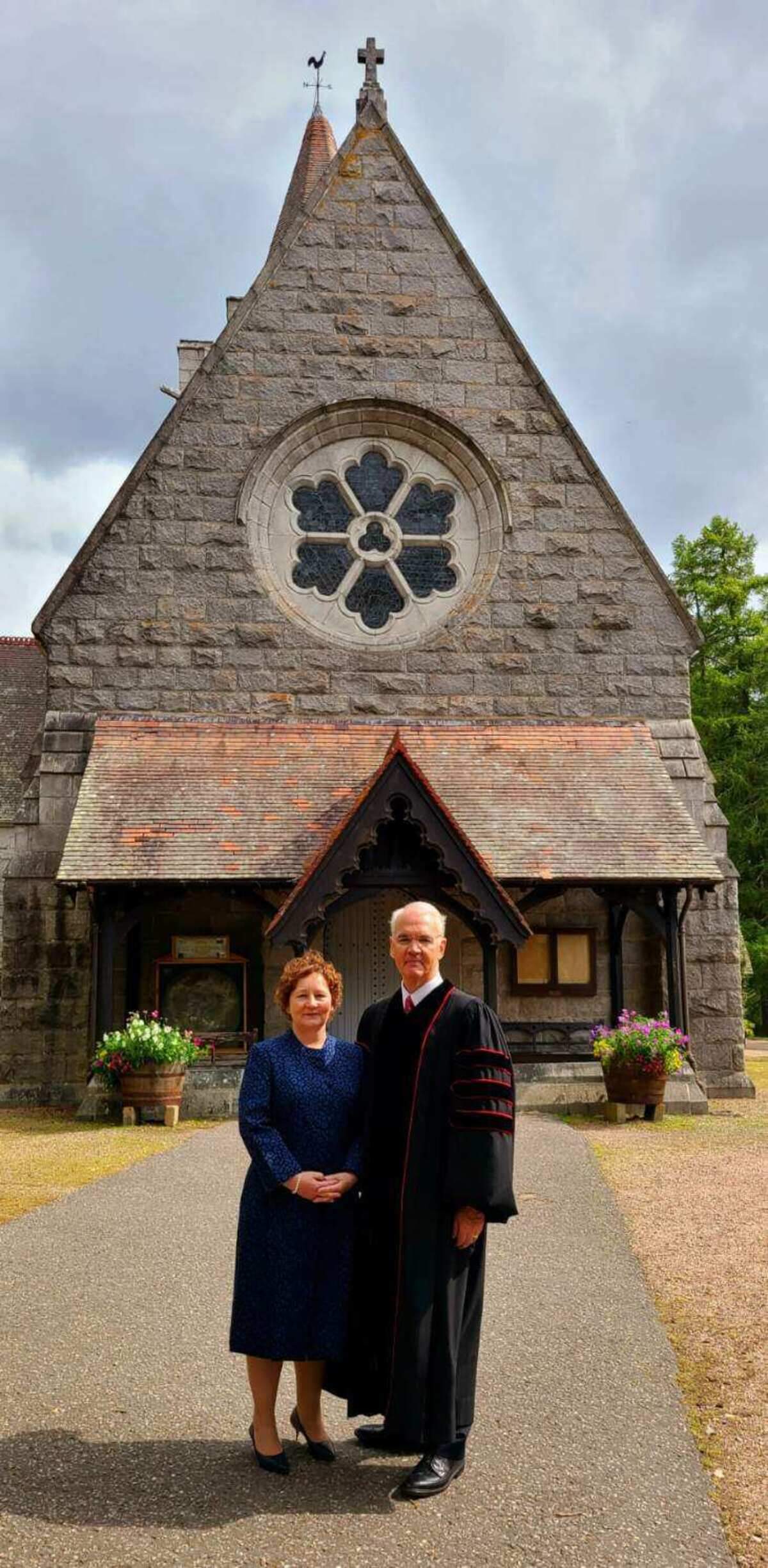 Richard and Ruth Gibbons outside Parish of Braemar and Crathie in Crathie, Scotland August 20, 2023.
